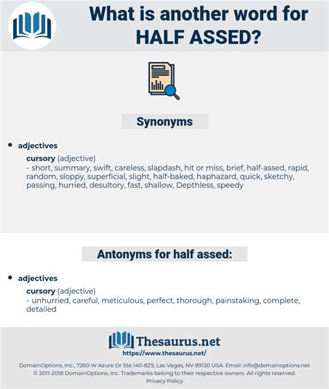 Synonyms for half assed - We have 53 synonyms for half assed. Find the perfect synonym of half assed using this free online thesaurus and dictionary of synonyms. Thesaurasize - When you need a better half assed word.